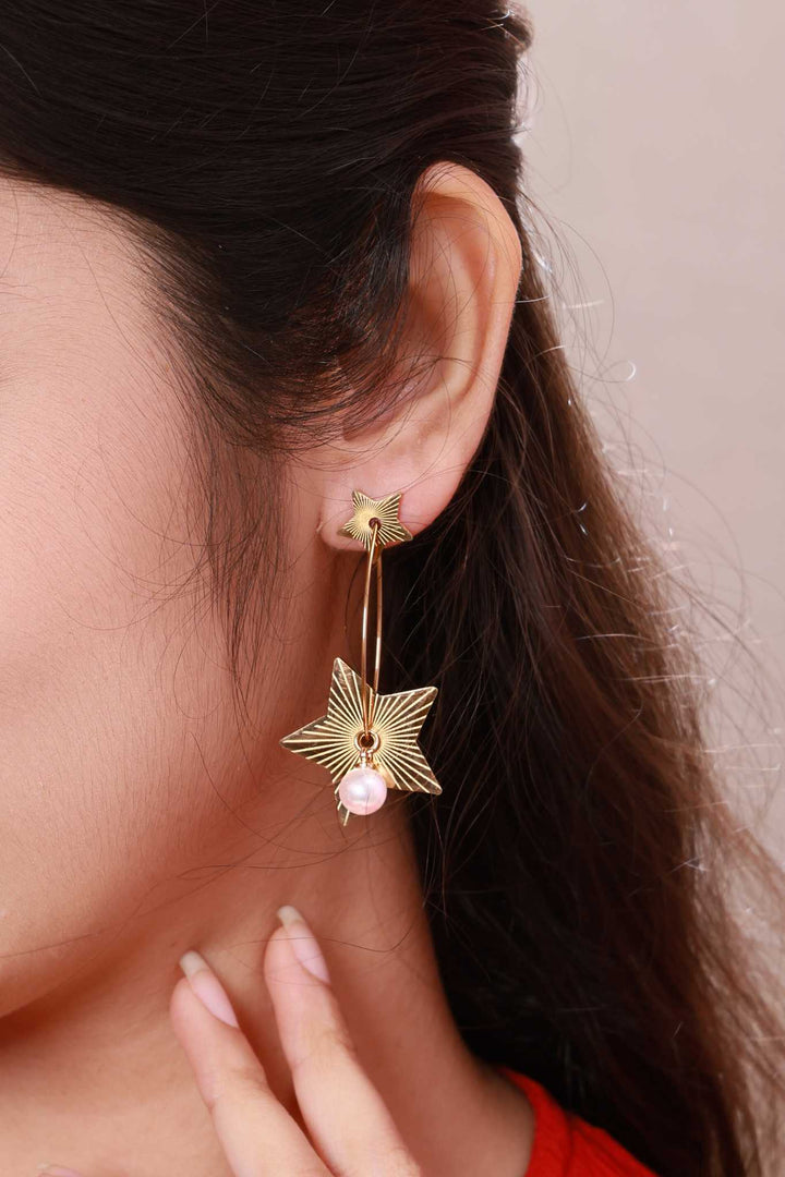 Celestial Star Hoop Earrings with Pearl Drop