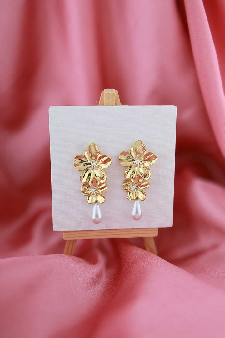 Golden Blossom Pearl Drop Earrings