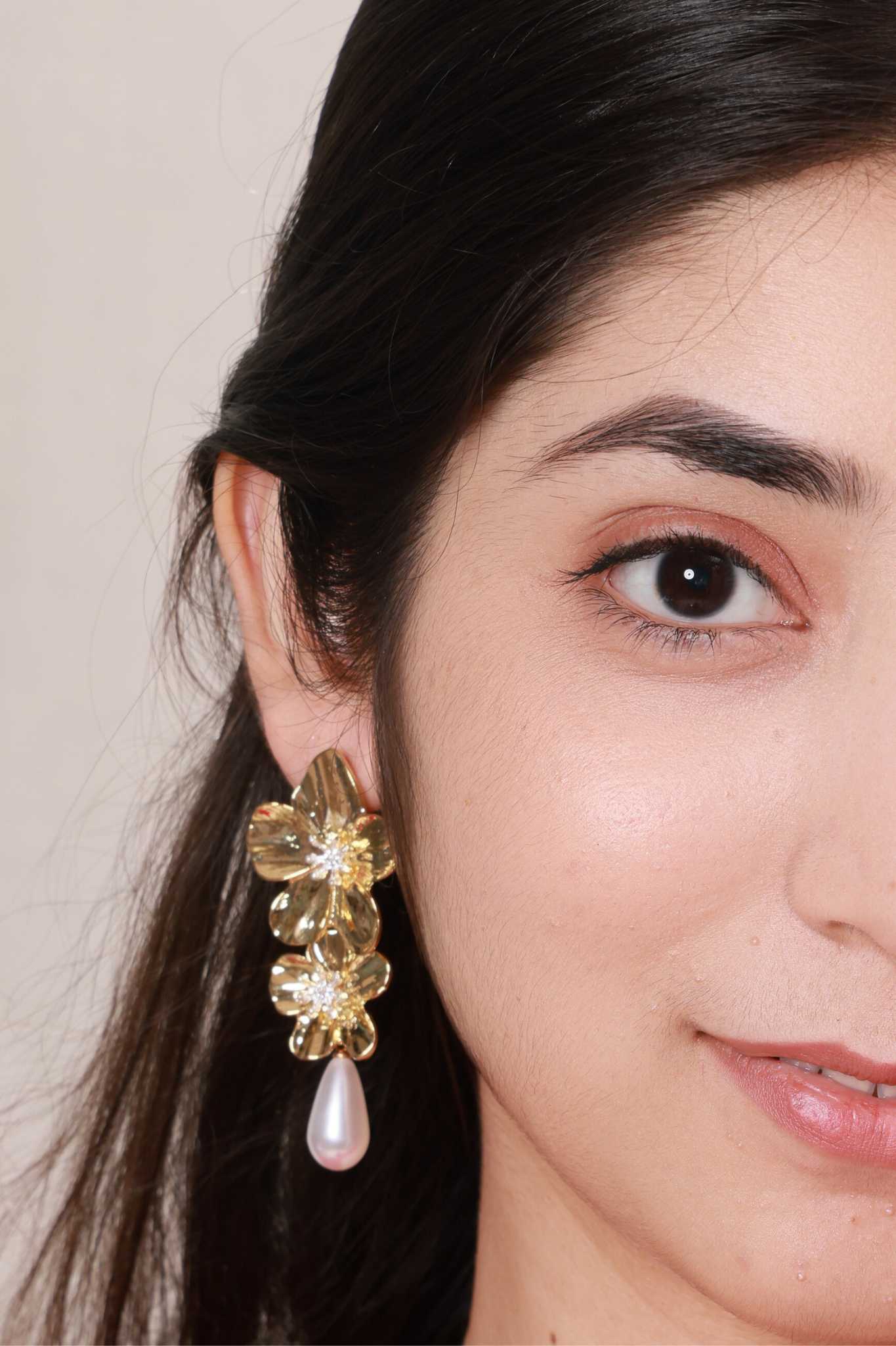 Golden Blossom Pearl Drop Earrings