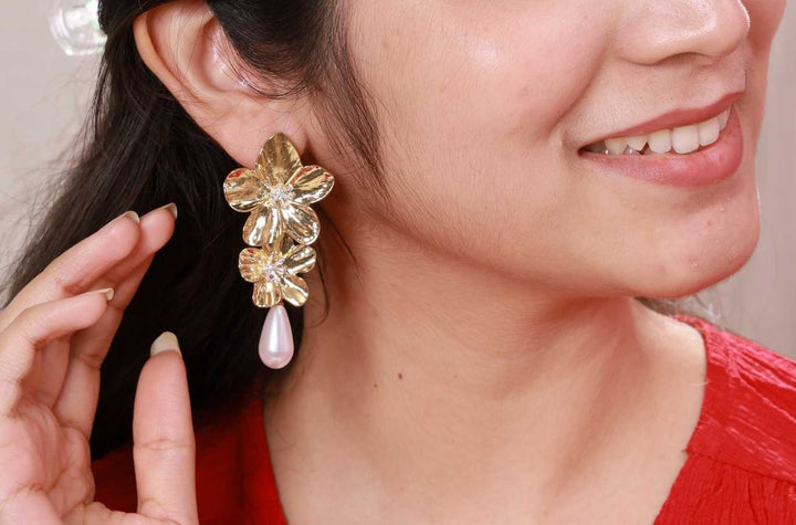 Golden Blossom Pearl Drop Earrings