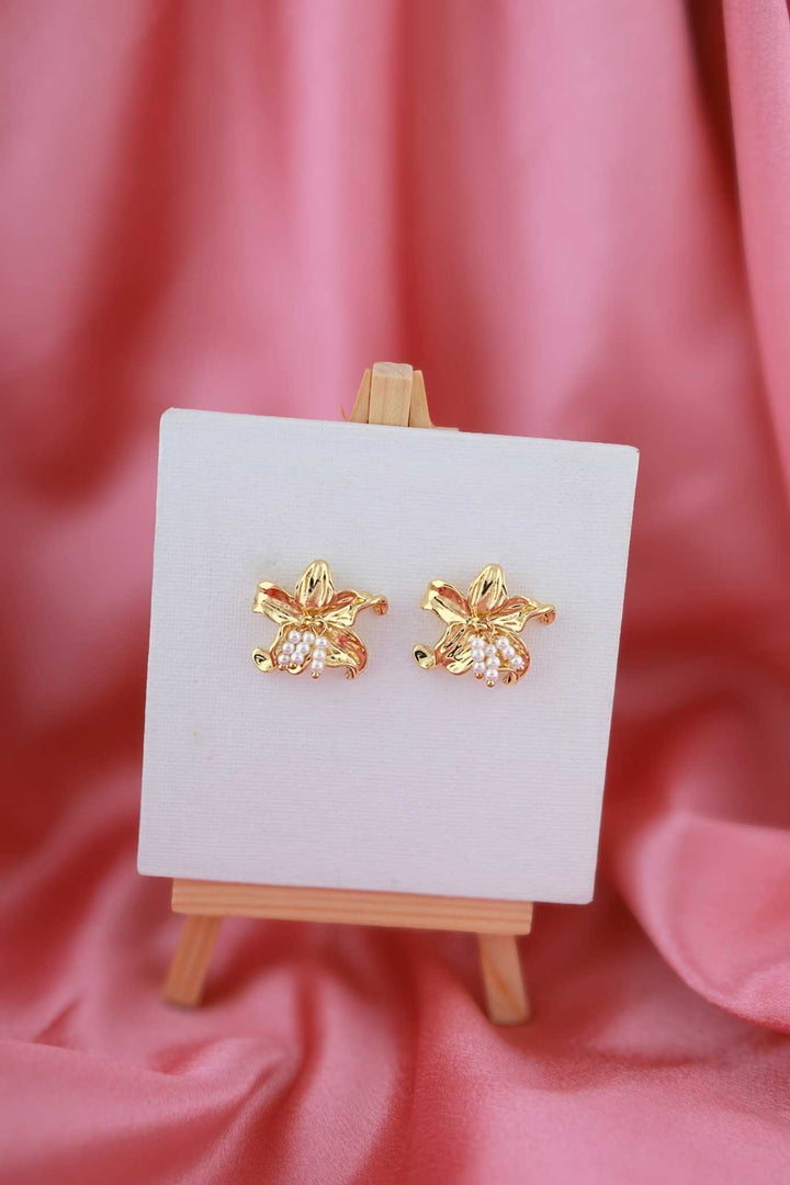 Golden Orchid Pearl Stud Earrings