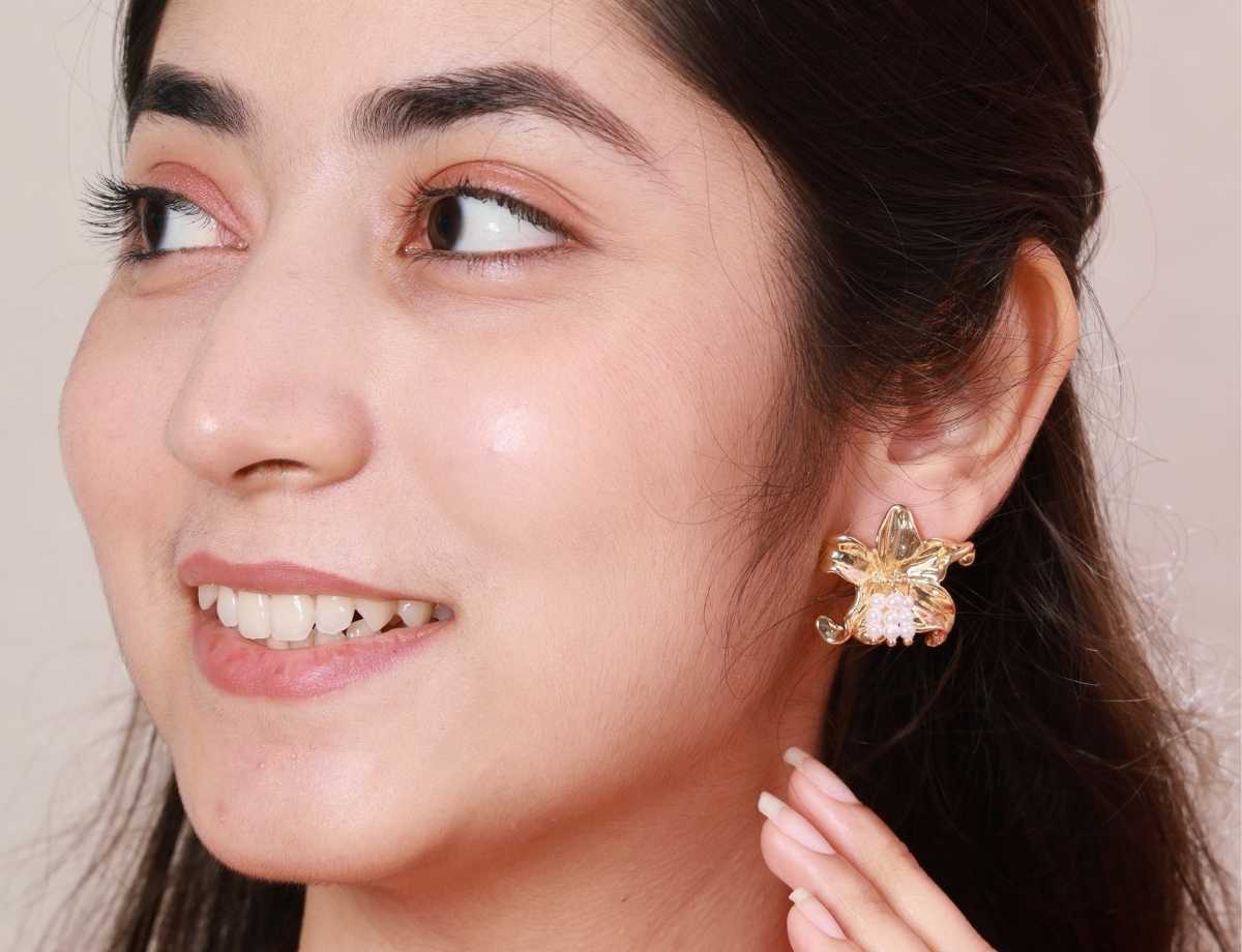Golden Orchid Pearl Stud Earrings