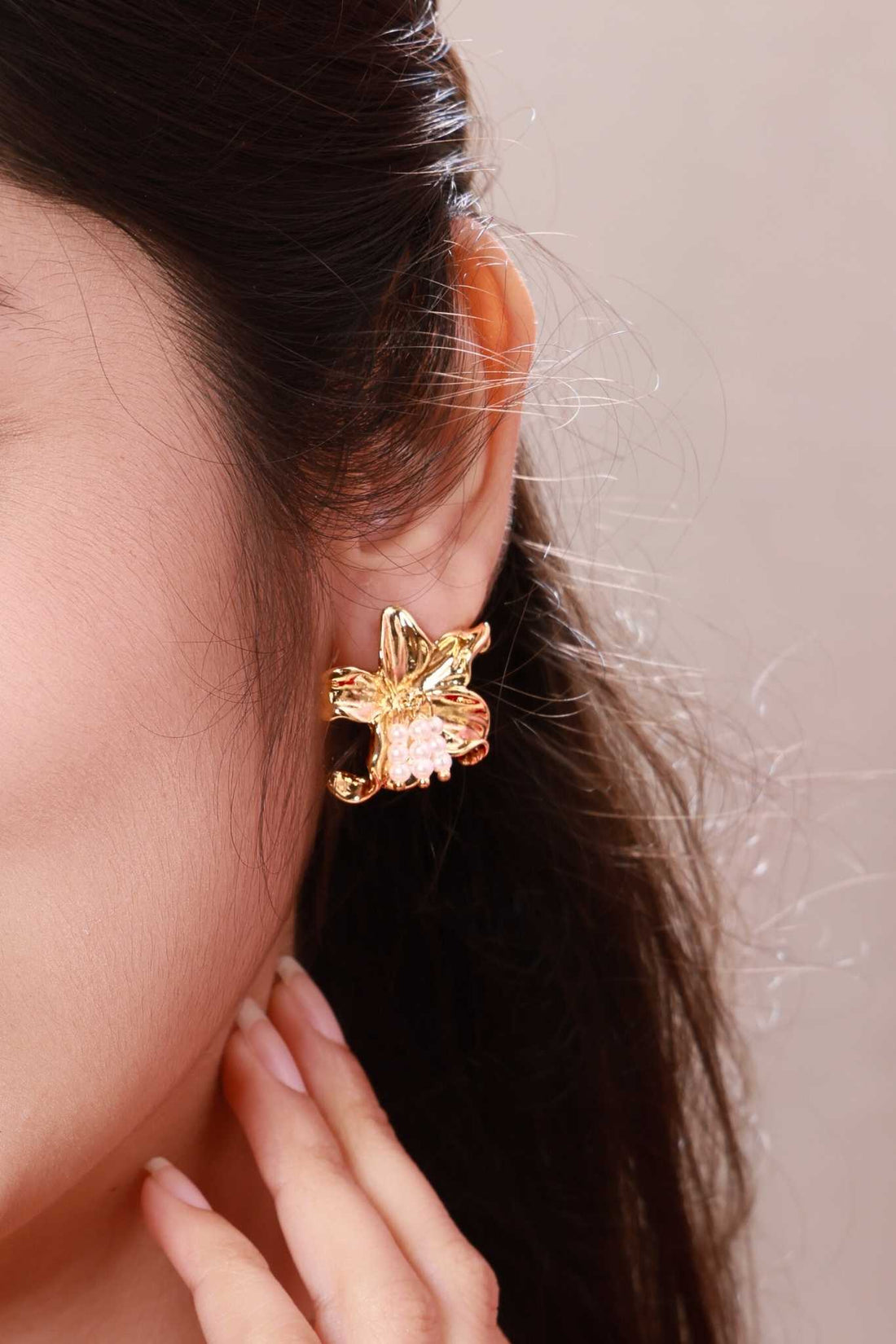 Golden Orchid Pearl Stud Earrings