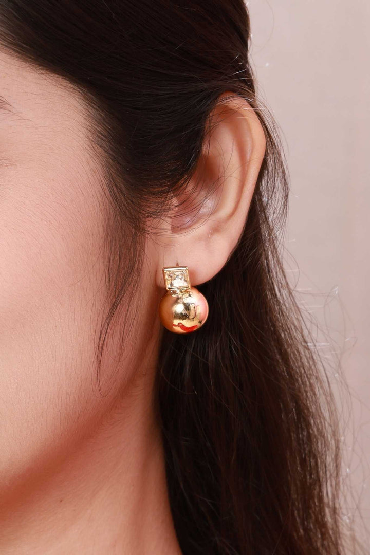 Golden Sphere Stud Earrings with Crystal Accent