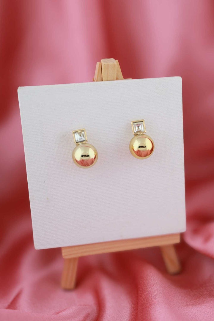 Golden Sphere Stud Earrings with Crystal Accent